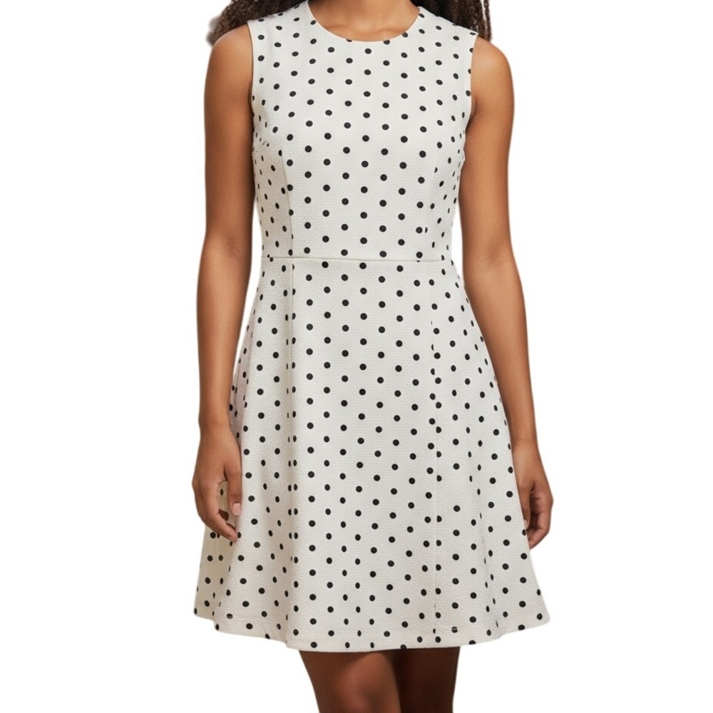 EXPRESS White With Black Polka Dot Skater Dress Full Zip Back EUC 4